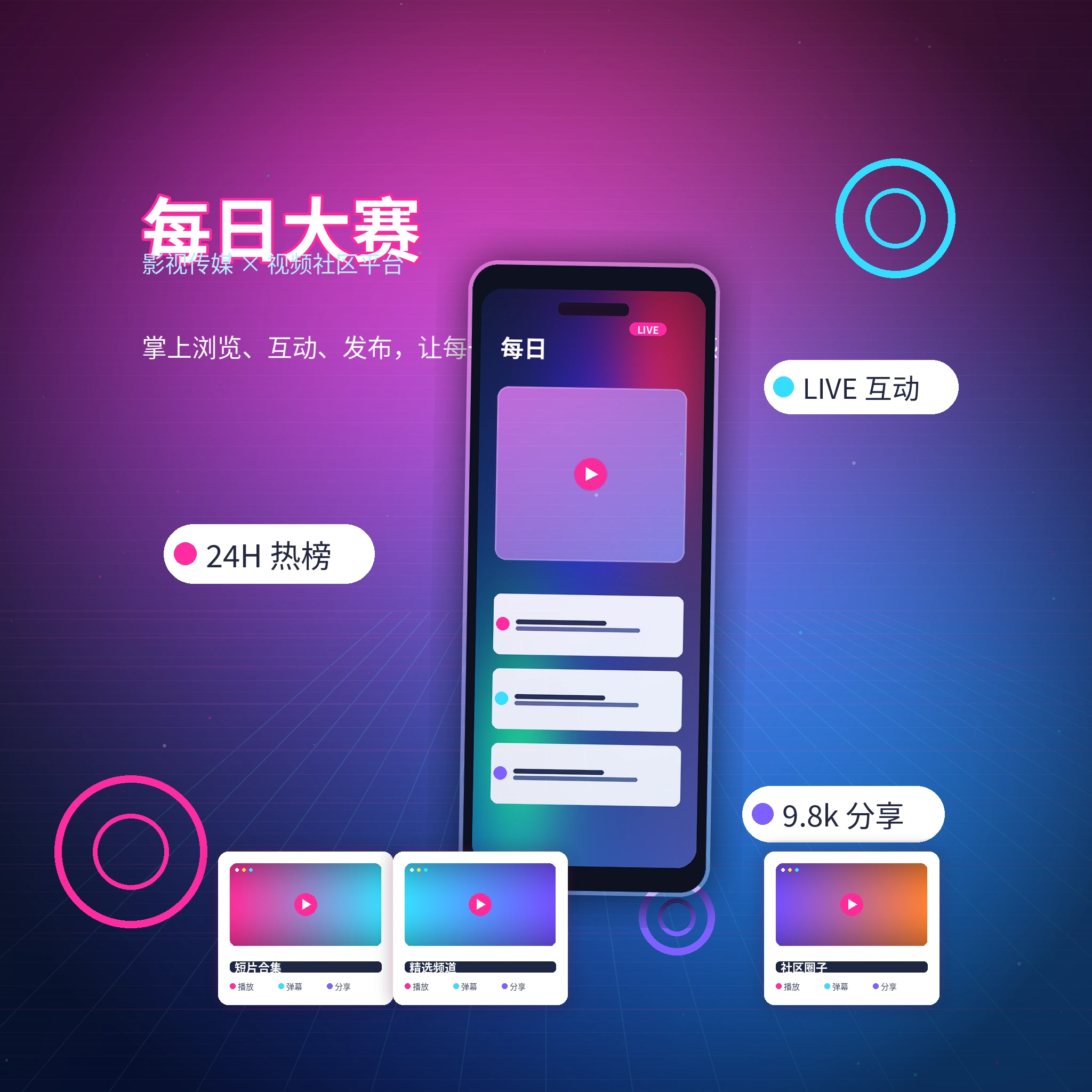 每日大赛APP服务与视频社区界面展示